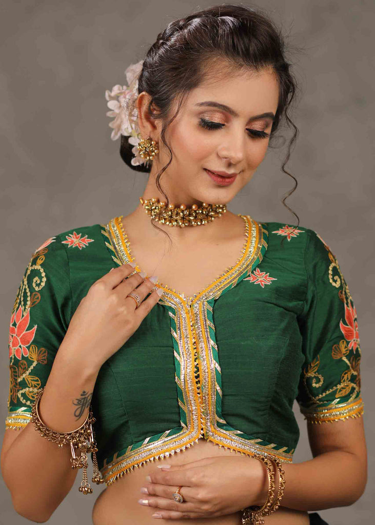 Elegant Bottle Green Cotton Silk Blouse with Lotus Embroidery on Back and Sleeves Highlighted with Gota Patti Lace