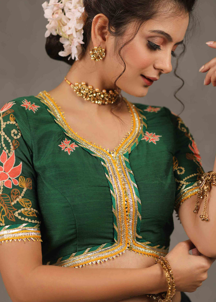 Elegant Bottle Green Cotton Silk Blouse with Lotus Embroidery on Back and Sleeves Highlighted with Gota Patti Lace