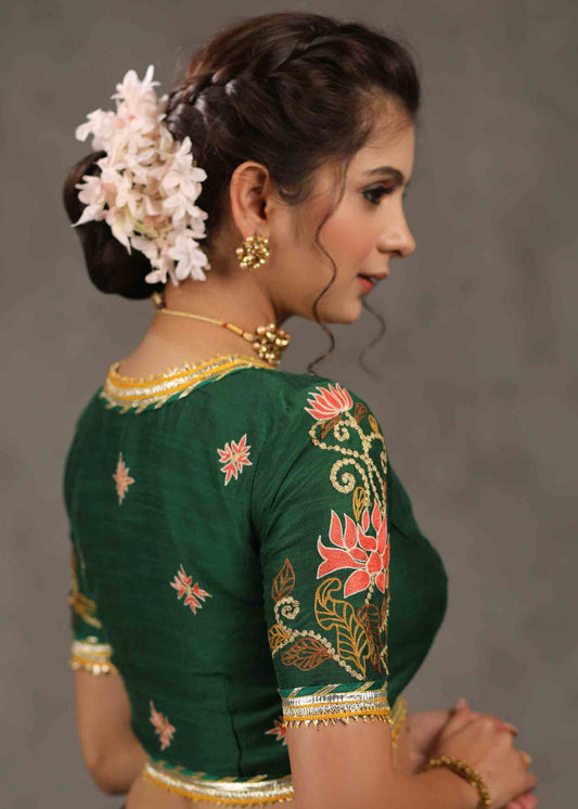 Elegant Bottle Green Cotton Silk Blouse with Lotus Embroidery on Back and Sleeves Highlighted with Gota Patti Lace