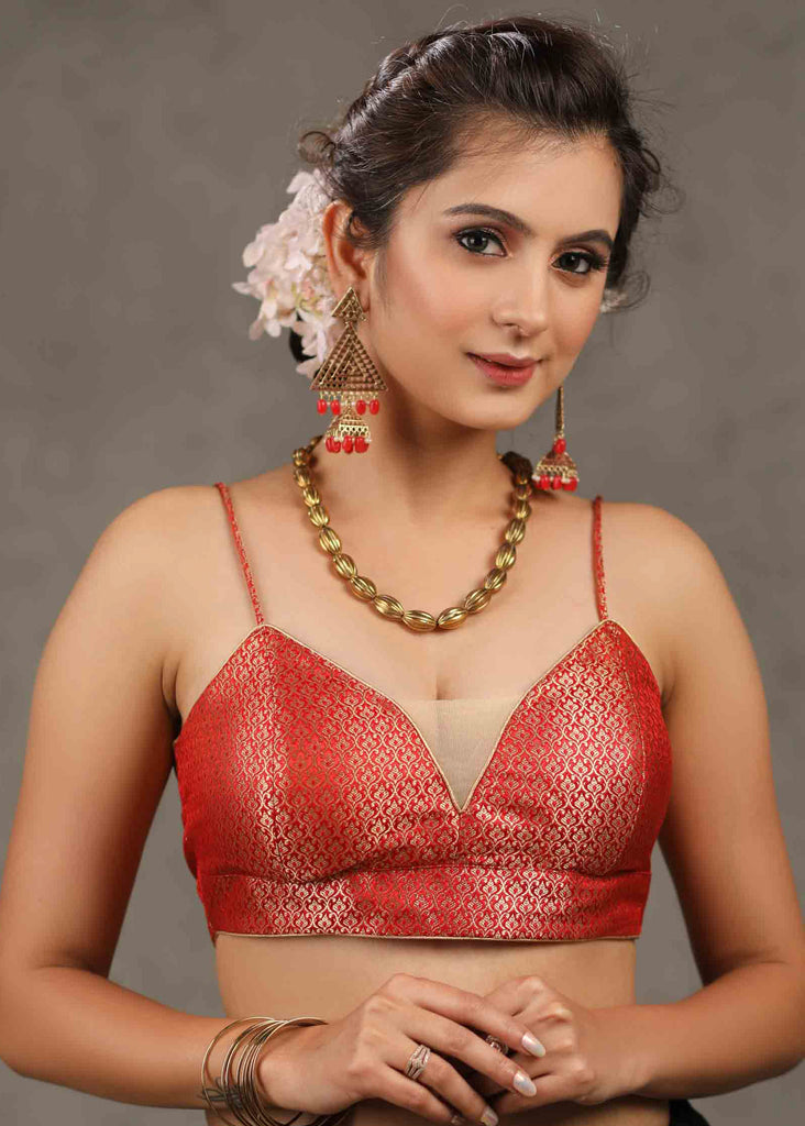 Elegant Red Banarasi Strappy Blouse with Deep Plunge Neckline and Back Opening