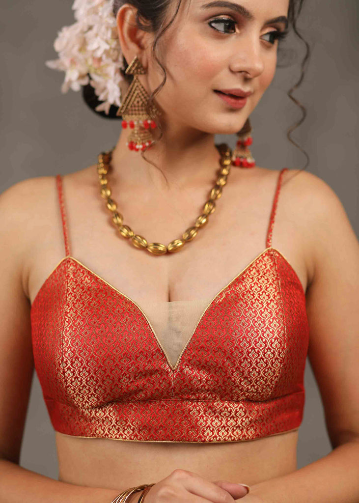 Elegant Red Banarasi Strappy Blouse with Deep Plunge Neckline and Back Opening