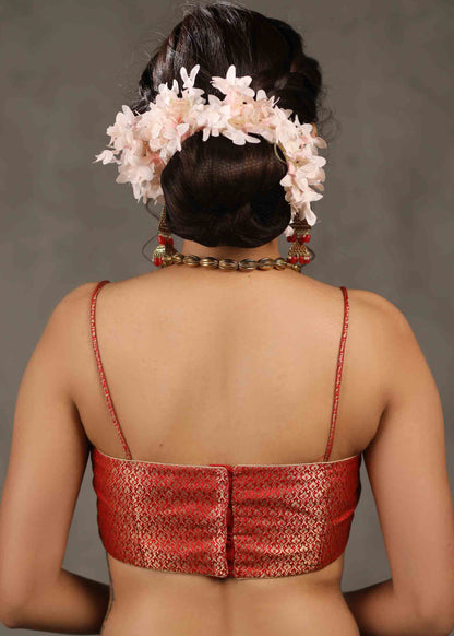 Elegant Red Banarasi Strappy Blouse with Deep Plunge Neckline and Back Opening