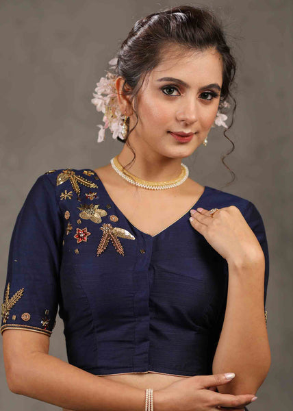 Beautiful Navy Blue Blouse with Elegant Embroidery on Sleeves and Shoulder.