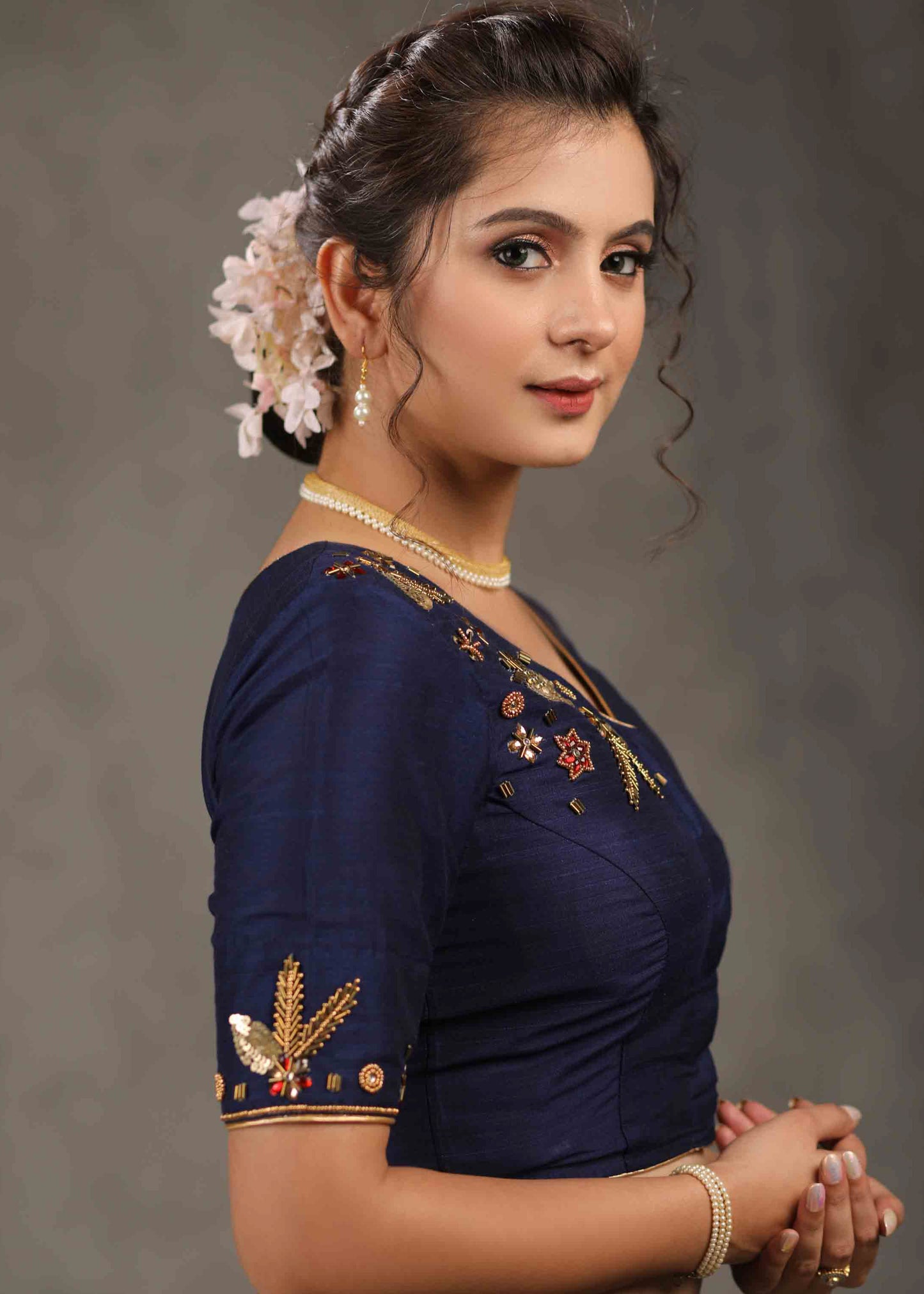 Beautiful Navy Blue Blouse with Elegant Embroidery on Sleeves and Shoulder.