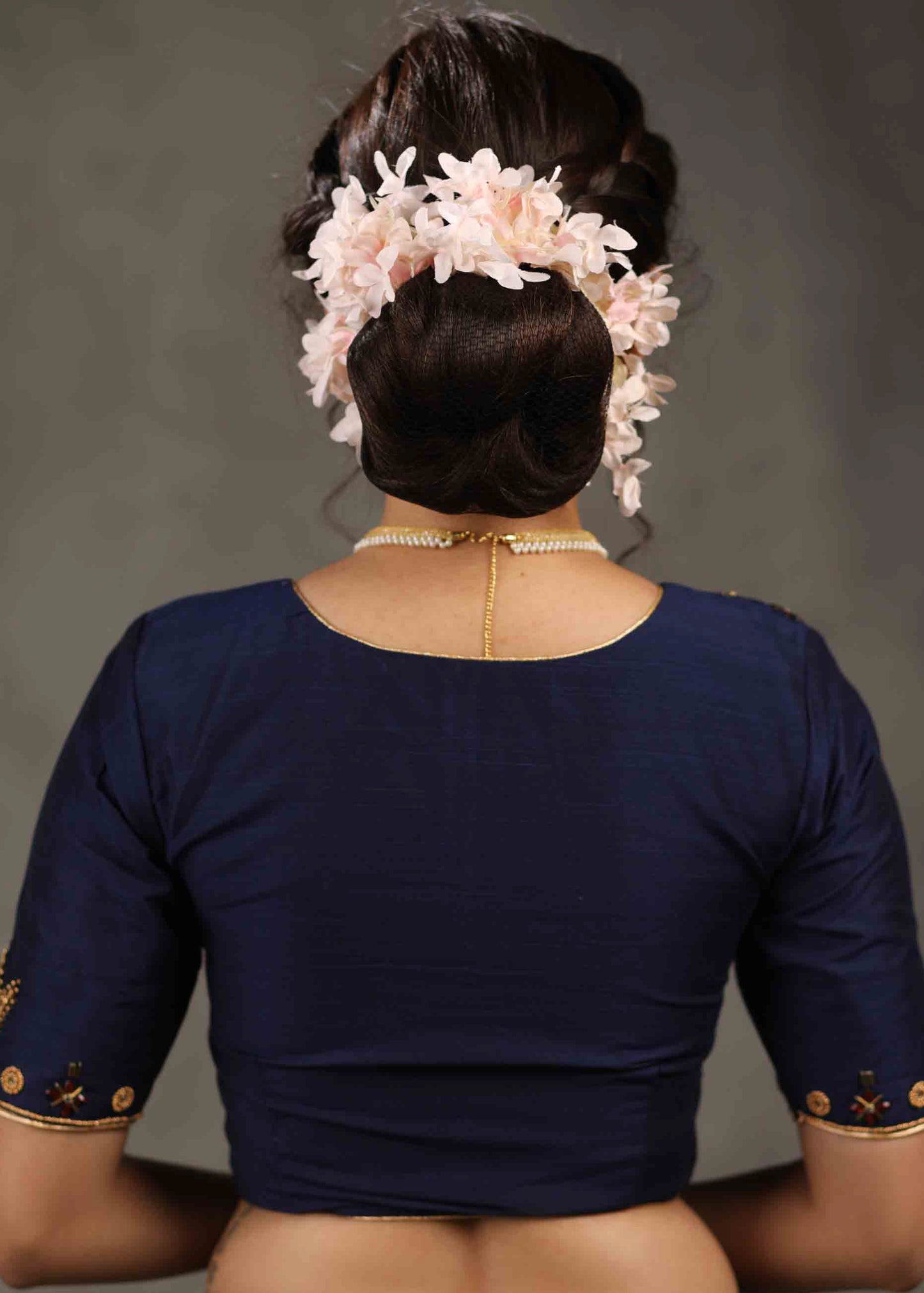 Beautiful Navy Blue Blouse with Elegant Embroidery on Sleeves and Shoulder.