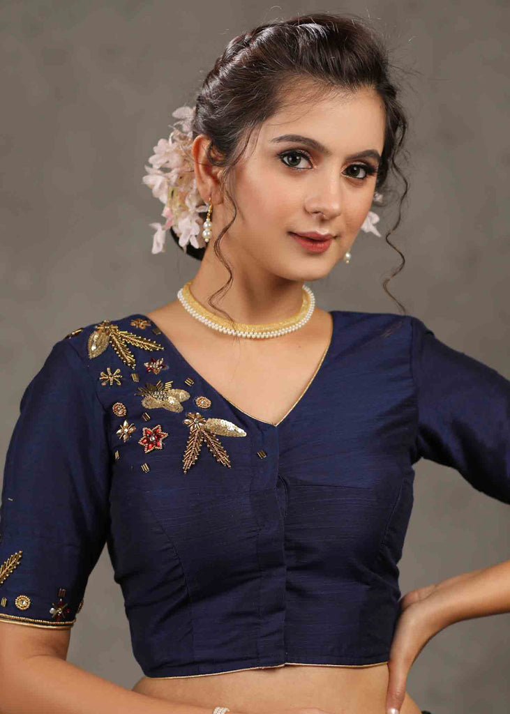Beautiful Navy Blue Blouse with Elegant Embroidery on Sleeves and Shoulder.