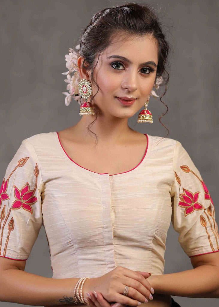 Classy Ivory Cotton Silk Blouse with Beautiful Lotus Embroidery on Back and Sleeves