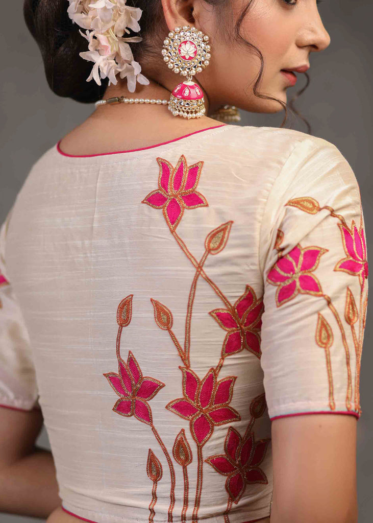 Classy Ivory Cotton Silk Blouse with Beautiful Lotus Embroidery on Back and Sleeves