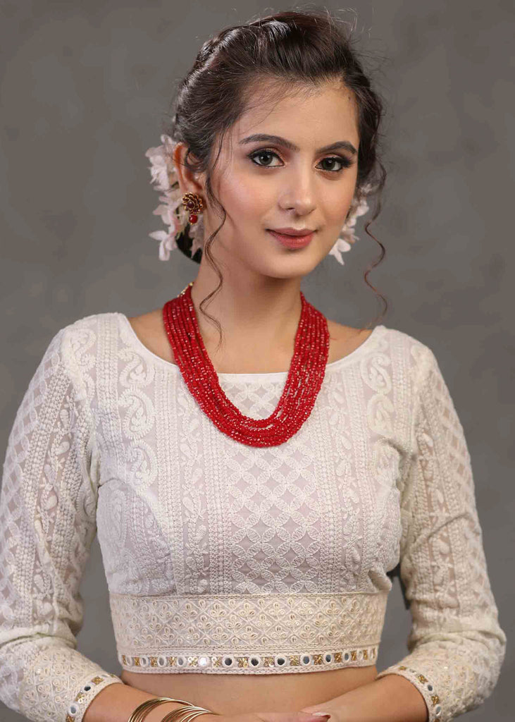 Trendy White Chikankari Blouse with Beautiful Laces on Hem and Sleeves –  Sujatra