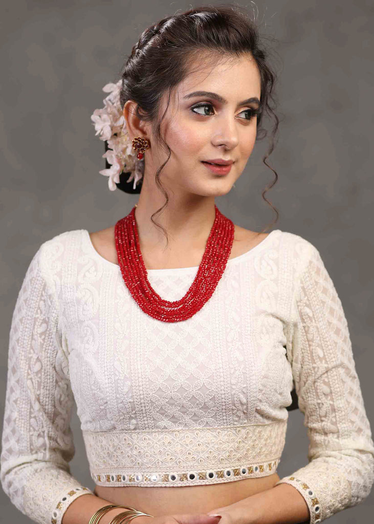 Trendy White Chikankari Blouse with Beautiful Laces on Hem and Sleeves