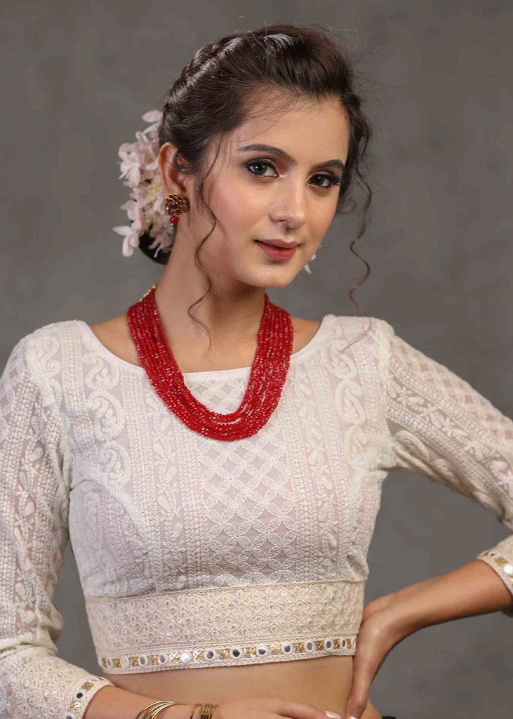Trendy White Chikankari Blouse with Beautiful Laces on Hem and Sleeves