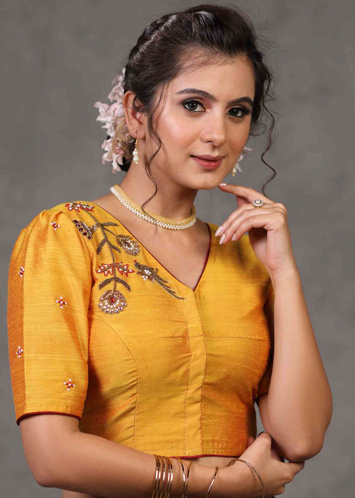 Elegant Yellow Cotton Silk Blouse with Beautiful Bird Embroidery on Back and Front