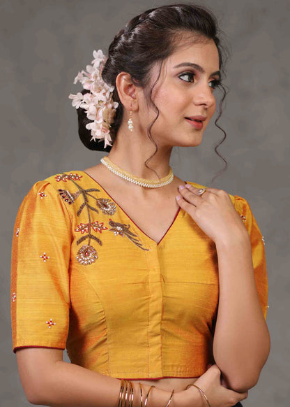 Elegant Yellow Cotton Silk Blouse with Beautiful Bird Embroidery on Back and Front