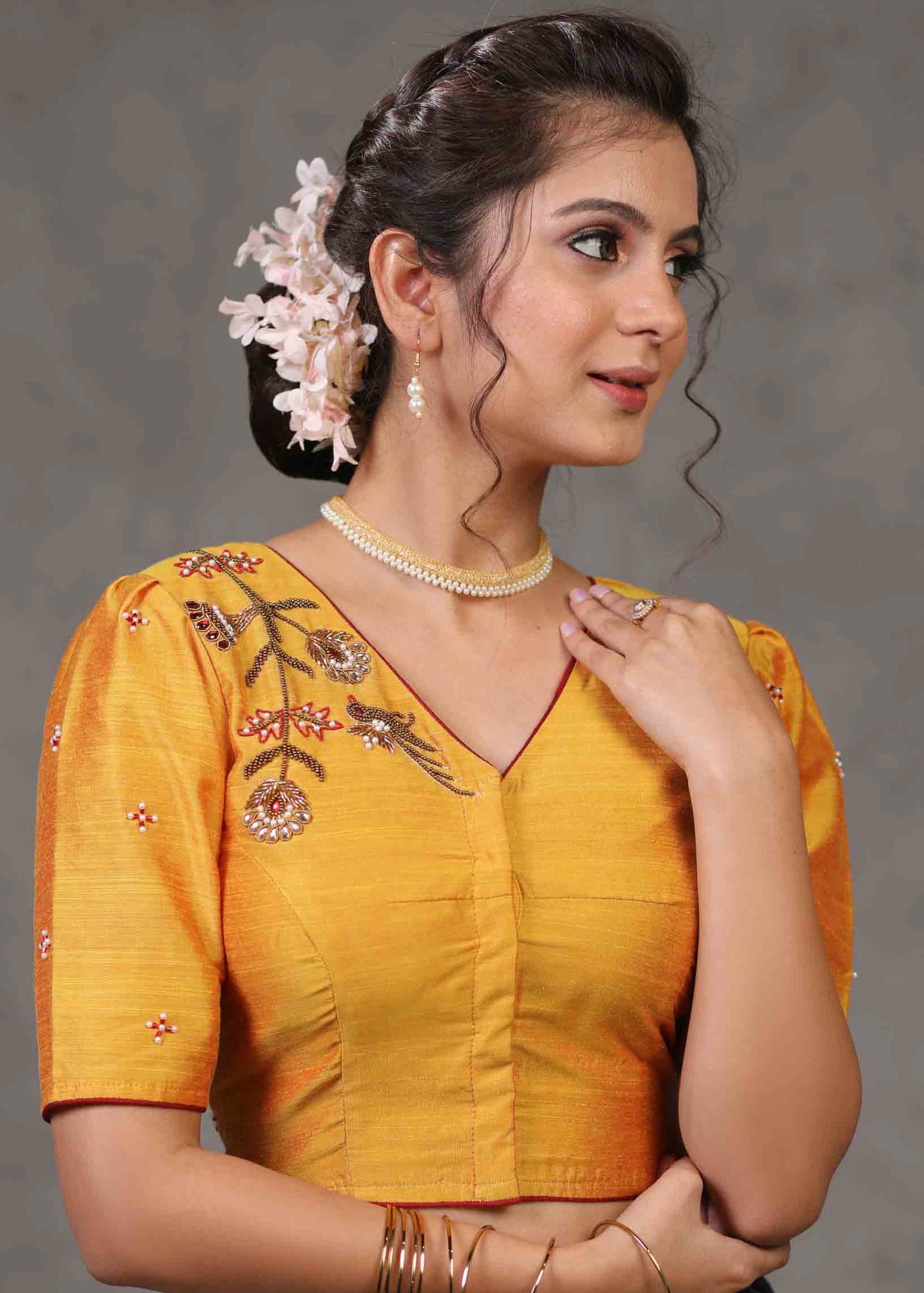 Elegant Yellow Cotton Silk Blouse with Beautiful Bird Embroidery on Back and Front