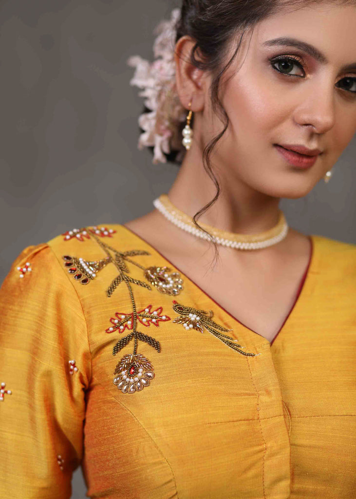 Elegant Yellow Cotton Silk Blouse with Beautiful Bird Embroidery on Back and Front