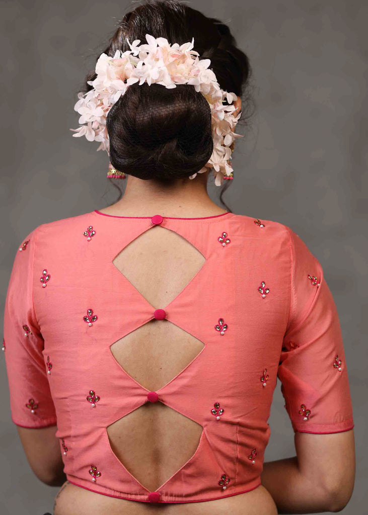 Elegant Peach Chanderi Blouse with Overall Embroidered Motifs Highlighted with Rhombus Cutout Pattern on The Back