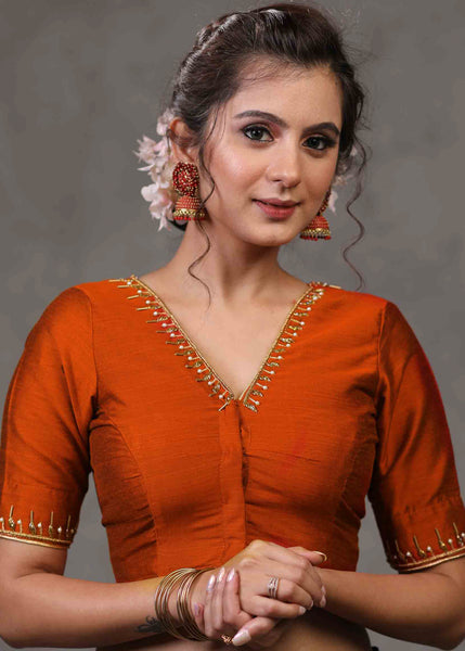 Exclusive Rust Cotton Silk Blouse with Beautiful Hand Embroidery on Neck and Sleeves
