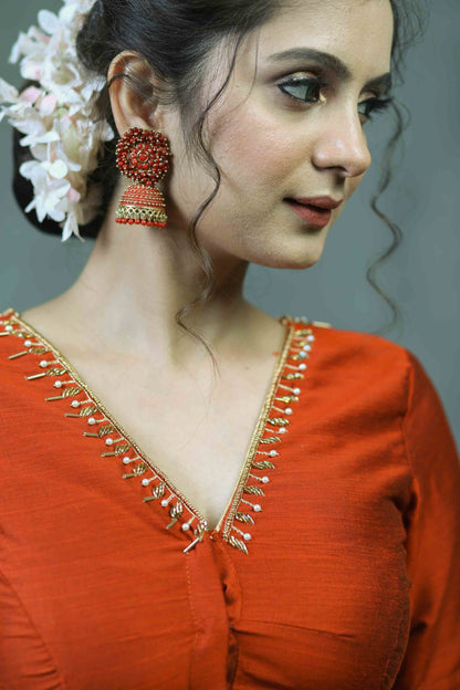 Exclusive Rust Cotton Silk Blouse with Beautiful Hand Embroidery on Neck and Sleeves