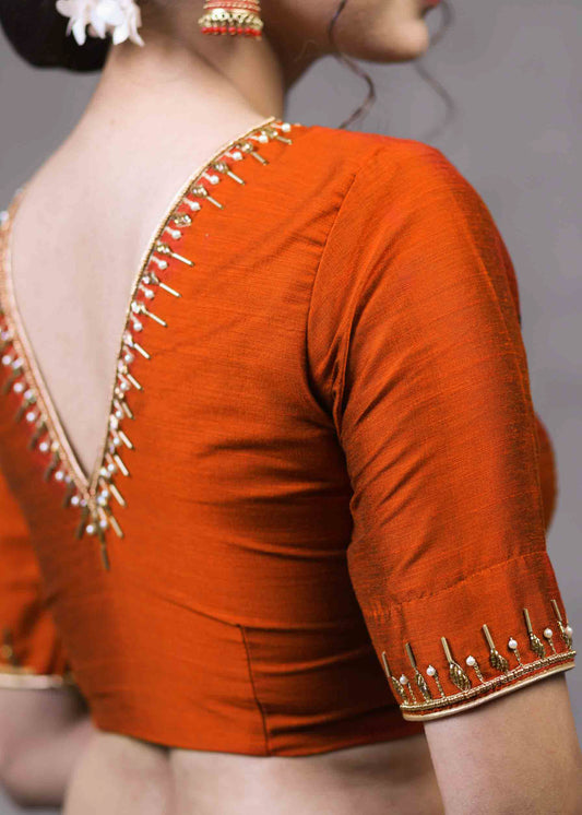 Exclusive Rust Cotton Silk Blouse with Beautiful Hand Embroidery on Neck and Sleeves