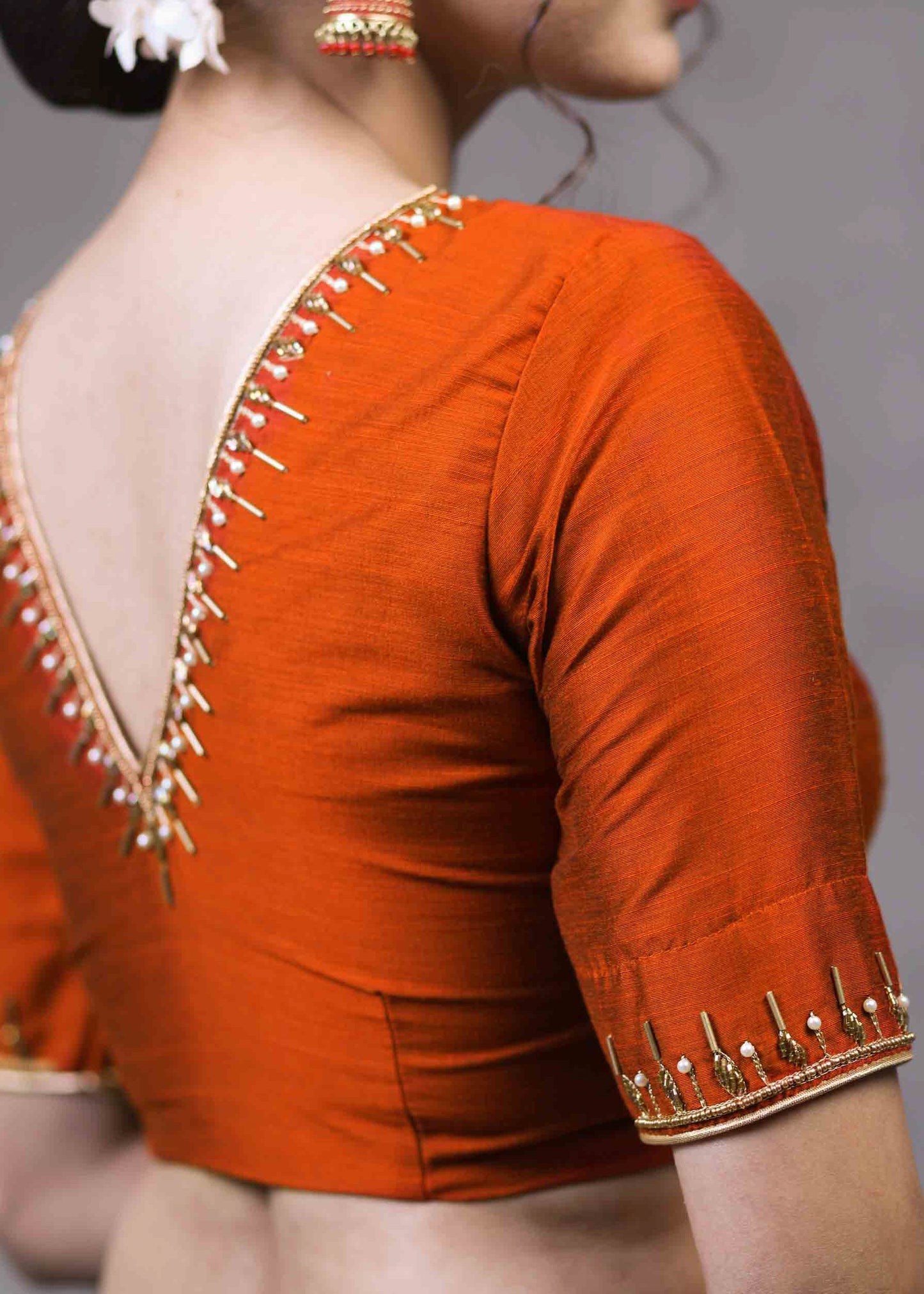 Exclusive Rust Cotton Silk Blouse with Beautiful Hand Embroidery on Neck and Sleeves