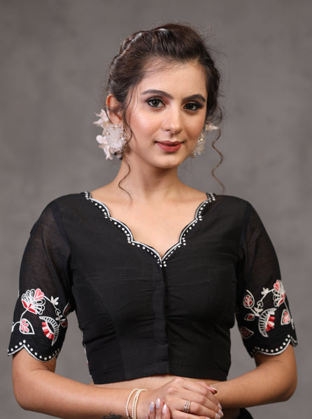 Classy Scalloped Floral Embroidered Cotton Silk Blouse with Chanderi Sleeves