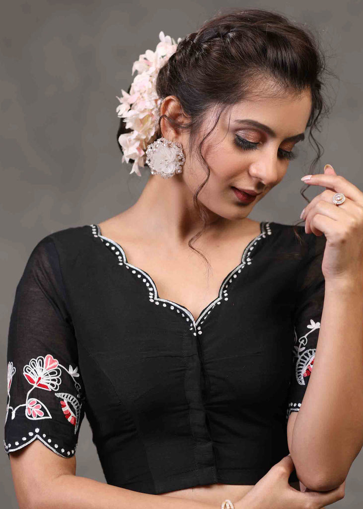 Classy Scalloped Floral Embroidered Cotton Silk Blouse with Chanderi Sleeves