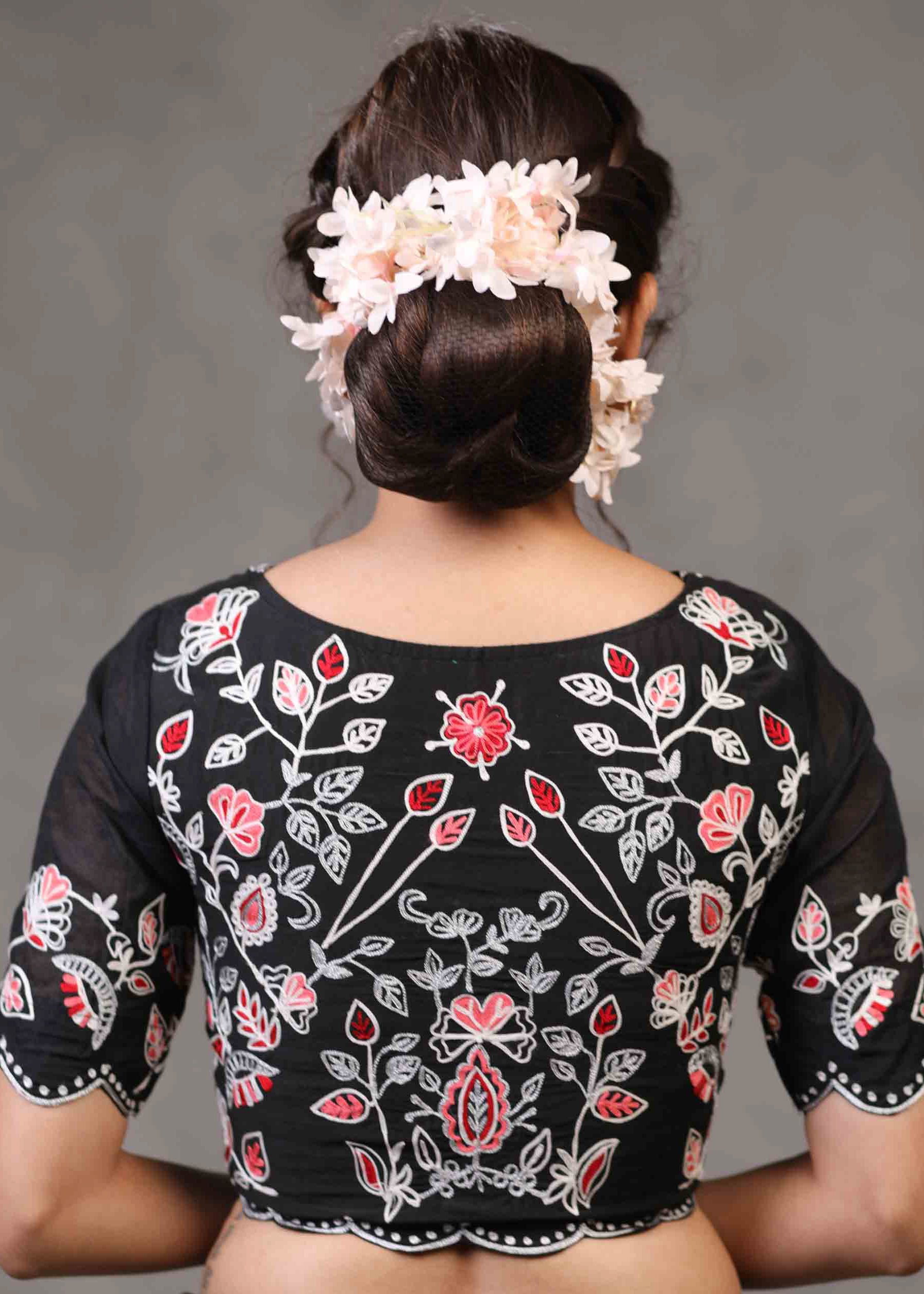 Classy Scalloped Floral Embroidered Cotton Silk Blouse with