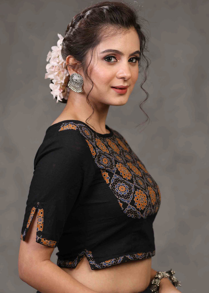 Exclusive Black Cotton Blouse with Beautiful Floral Yoke