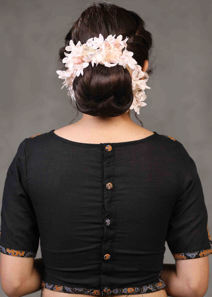 Exclusive Black Cotton Blouse with Beautiful Floral Yoke