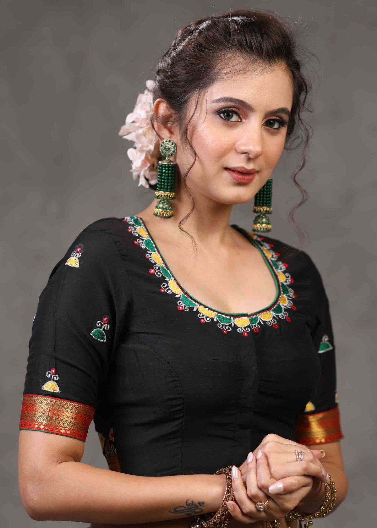 Dussehra Sale — Elegant Black Cotton Silk Blouse with Beautiful Sparrow Embroidery on The Back
