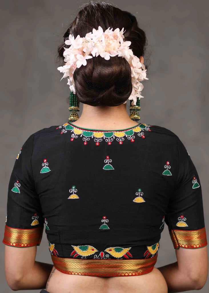 Elegant Black Cotton Silk Blouse with Beautiful Sparrow Embroidery on The Back
