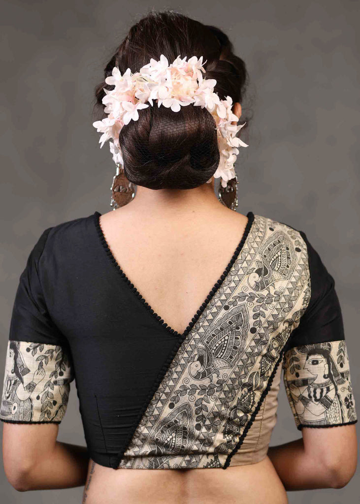 Beautiful Black Cotton Silk Blouse with Elegant Madhubani Patch on Back and Sleeves