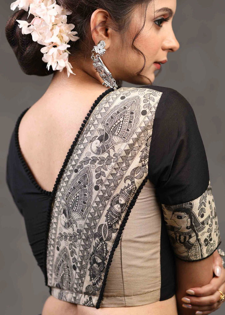 Beautiful Black Cotton Silk Blouse with Elegant Madhubani Patch on Back and Sleeves