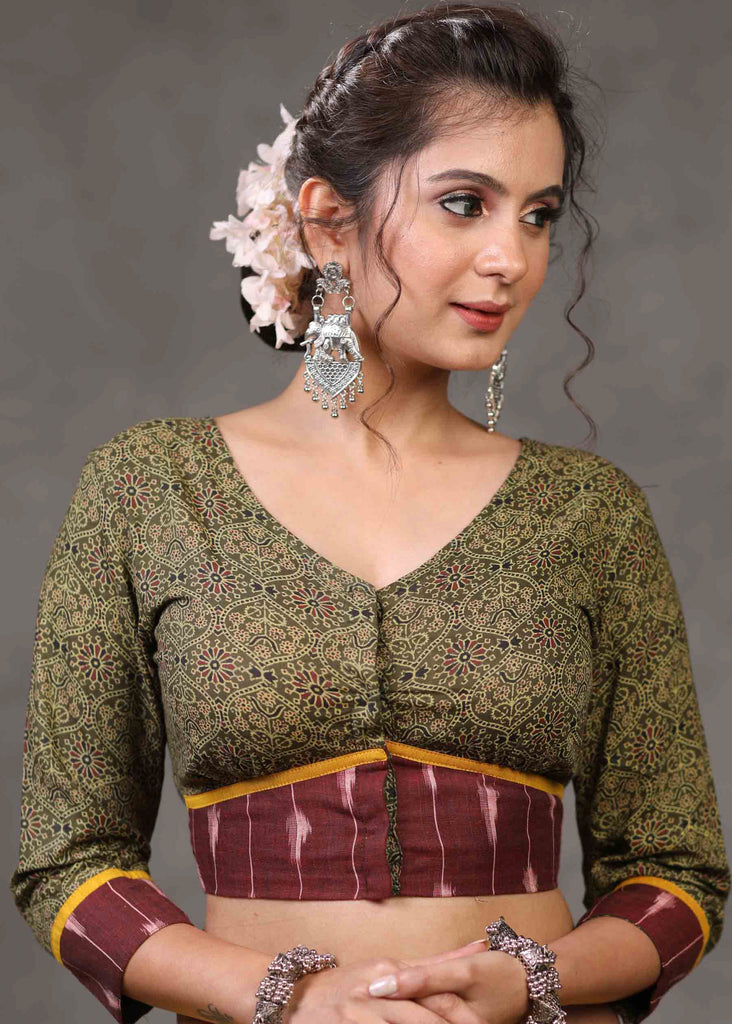 Elegant Olive Green Blouse with Red Ikat Combination on Sleeves and Hem