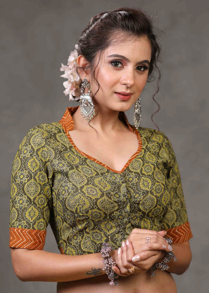 Exclusive Olive Green Ajrakh Blouse with Brown Mandarin Collar