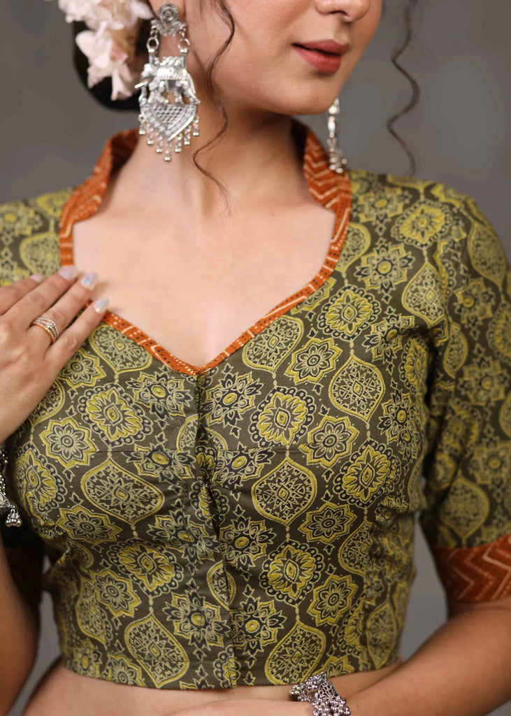 Exclusive Olive Green Ajrakh Blouse with Brown Mandarin Collar