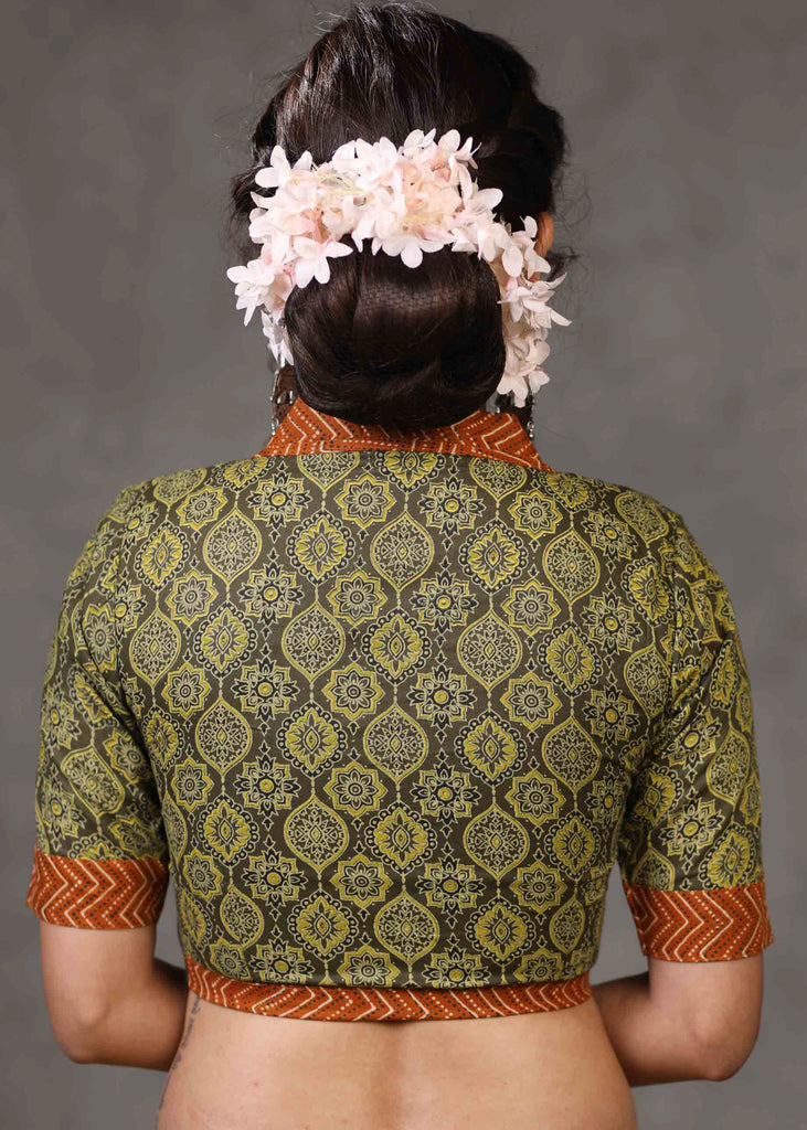 Exclusive Olive Green Ajrakh Blouse with Brown Mandarin Collar