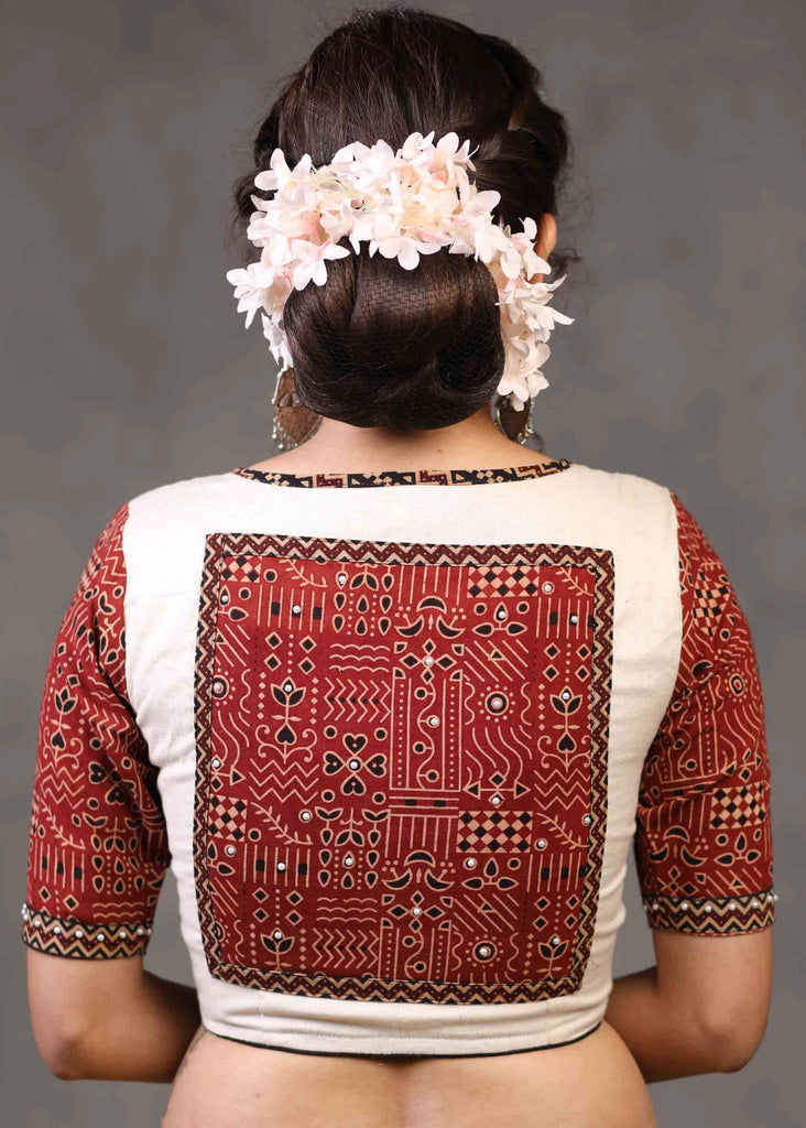 Exclusive Off White Cotton Ajrakh Combination Blouse with Patchwork on Back