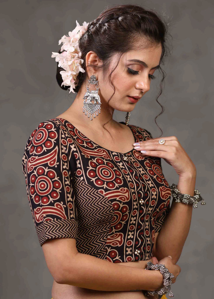 Exclusive Black Floral Ajrakh and Stripe Combination Blouse