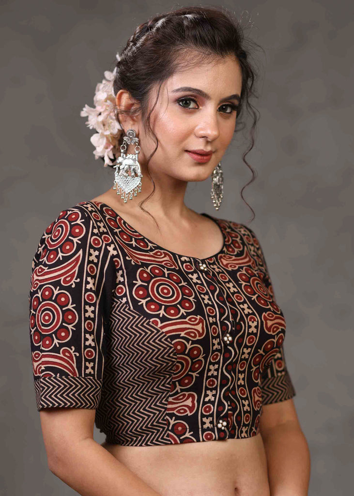Exclusive Black Floral Ajrakh and Stripe Combination Blouse
