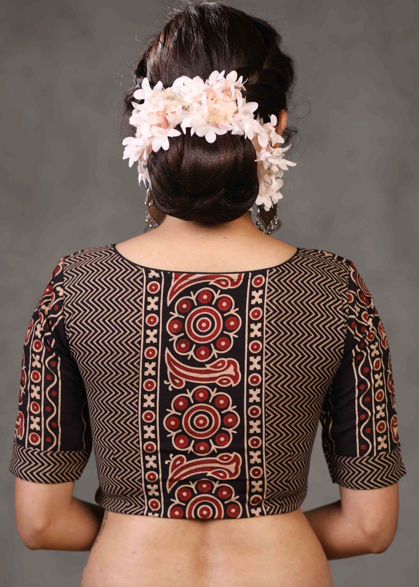 Exclusive Black Floral Ajrakh and Stripe Combination Blouse