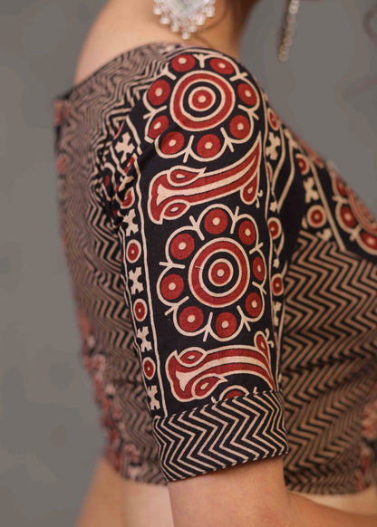 Exclusive Black Floral Ajrakh and Stripe Combination Blouse