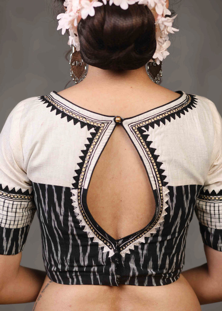 Standout Off White Cotton with Ikat Combination Blouse with Beautiful Tribal Embroidery and Fisheye Keyhole on The Back