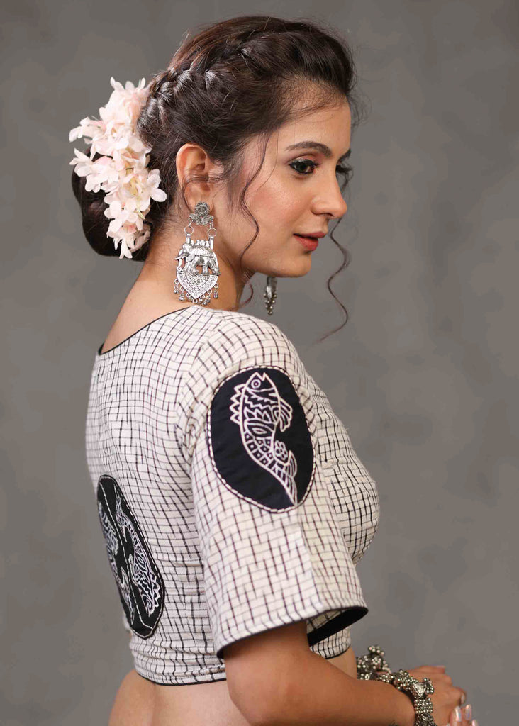 Standout Pisces Zodiac Themed Off White Ikat Blouse with Fish Patchwork on Sleeves and Back