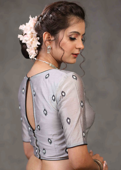 Classy Grey Chanderi Blouse with Overall Beautiful Floral Embroidery