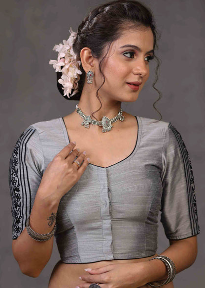 Classy Grey Cotton Silk Blouse with Beautiful Embroidery on Back and Sleeves