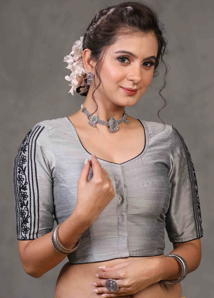 Classy Grey Cotton Silk Blouse with Beautiful Embroidery on Back and Sleeves