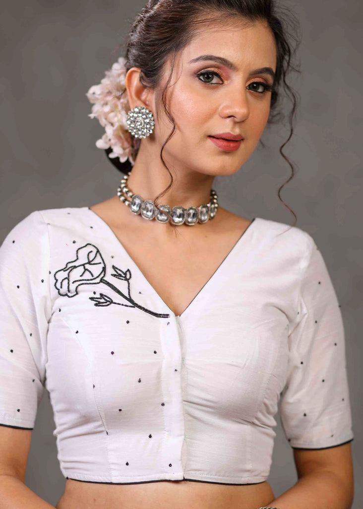 Classy Ivory Cotton Silk Blouse with Beautiful Swan Embroidery on Back and Front