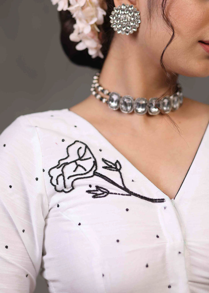 Classy Ivory Cotton Silk Blouse with Beautiful Swan Embroidery on Back and Front
