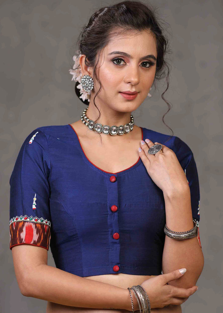 Exclusive Royal Blue Kala Ghoda Embroidered Blouse with Ikat Combination